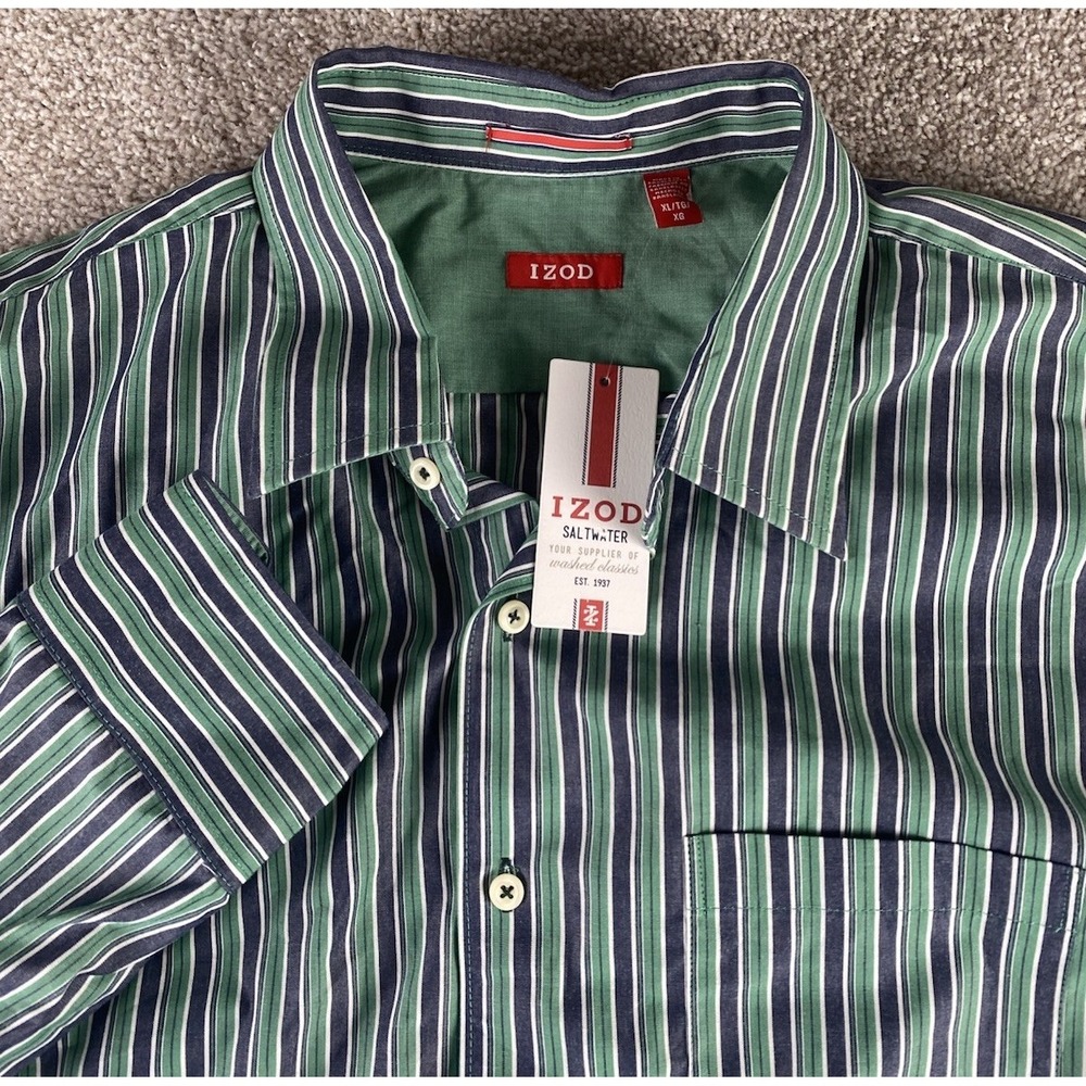 IZOD Saltwater Verdant Green/Blue Striped Button Down Mens XL Old Money Preppy